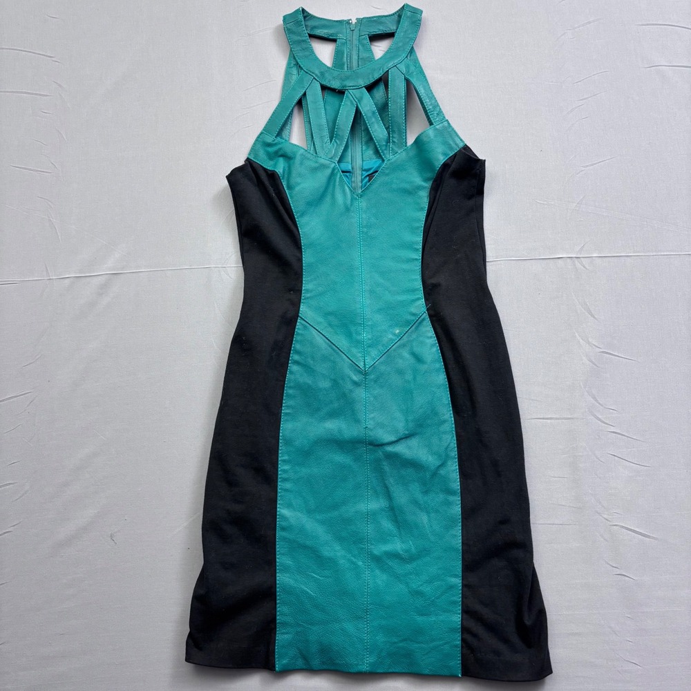 Wilsons Leather Expert Teal Green Black Cutout Halter Bodycon Mini Dress‎ Medium